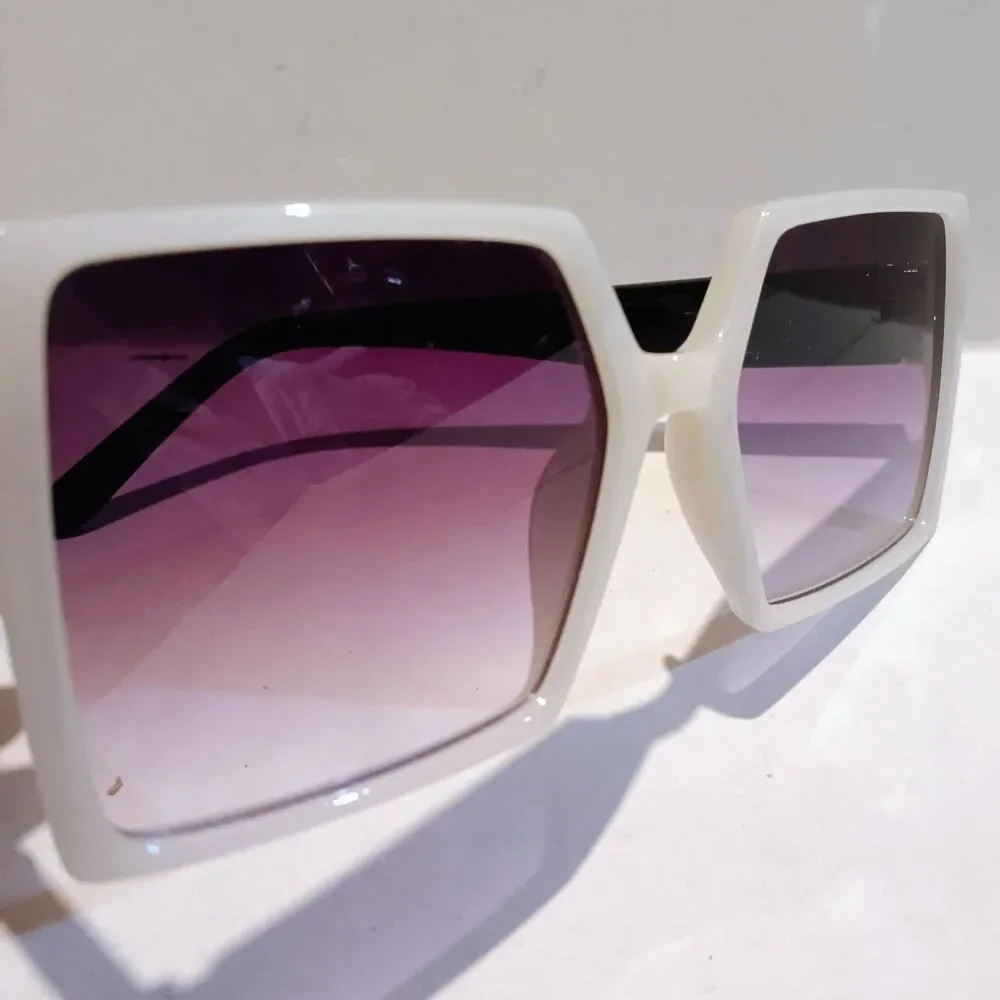 Womens Oversized Flat Top Square Sunglasses-Violet Lenses-White-Black-Gold Detai